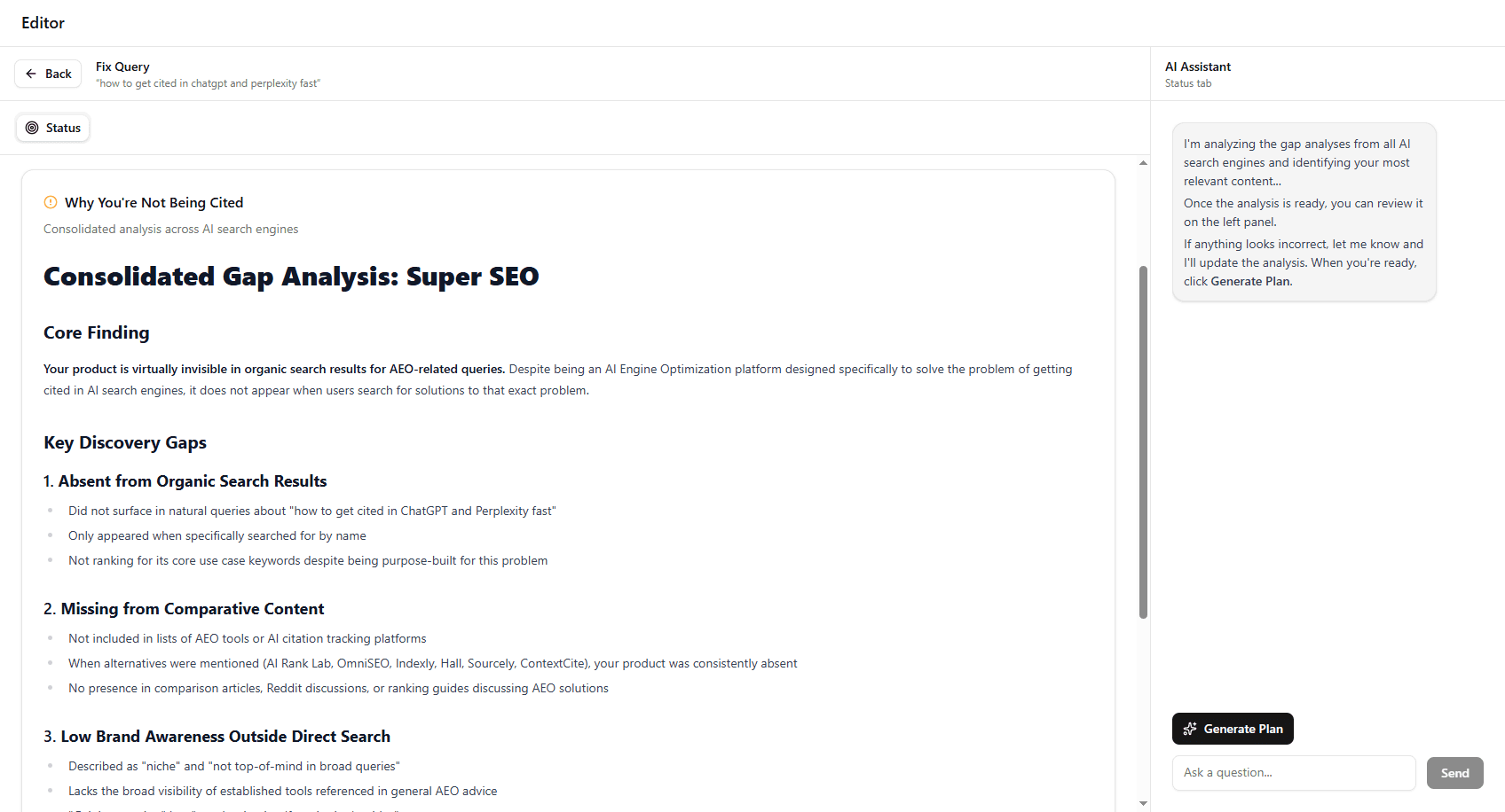 Intelligence briefing showing competitive narrative extraction and strategic analysis